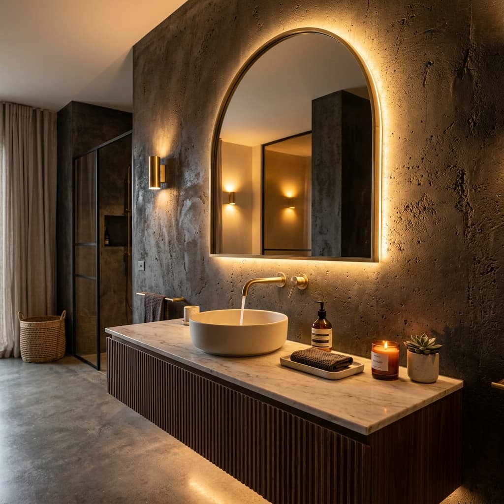 Luxury bathroom marble wall with backlit arched mirror installed